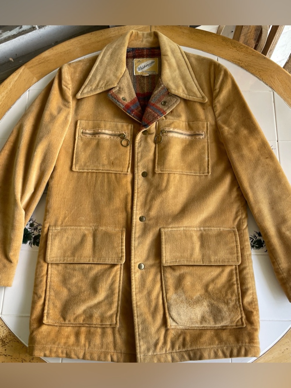Vintage Weathercaster Corduroy Chore Coat Duster Jacket Tan Flannel Lined 40 / M
